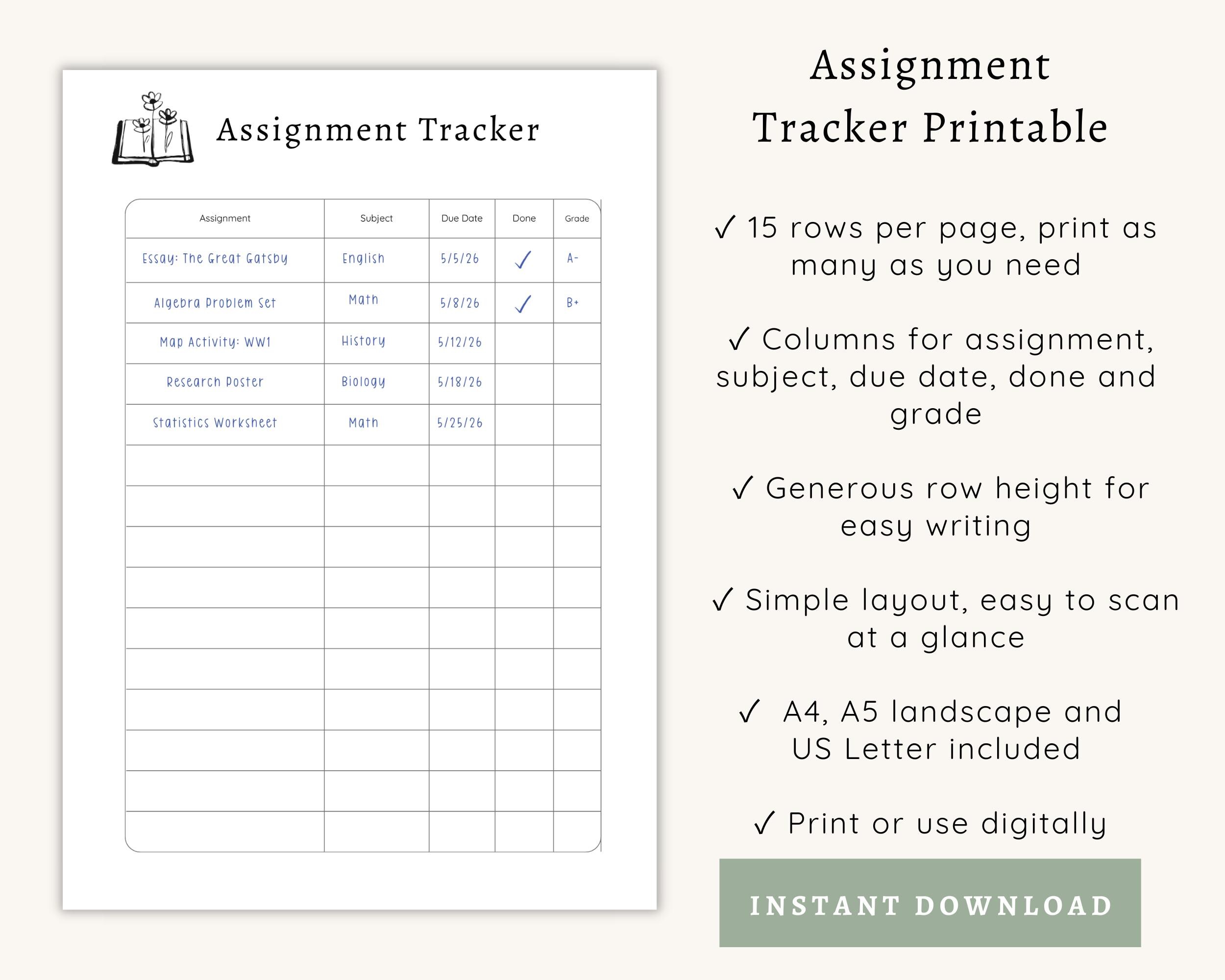 Assignment Tracker Printable | Student Planner Insert | Digital ...