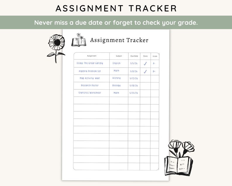 Assignment Tracker Diary Assignment Tracker Printable | Student Planner Insert | Digital ...