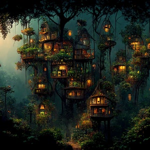 Enchanted forest magical jungle treetop village #3 poster