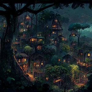 Enchanted forest magical jungle treetop village #1 poster
