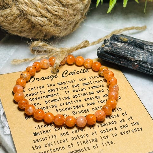 orange　 メタルブレスレット Beautiful 100% Natural Orange Calcite Bracelet 6mm or 8 Mm