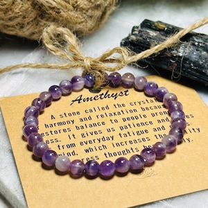 Pulsera de amatista 100 % natural de 6 mm, piedra de nacimiento de Piscis. Calma y calma la mente.