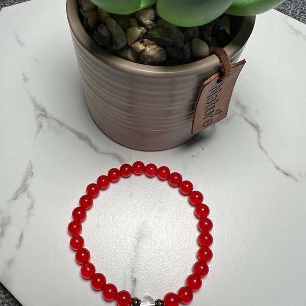 100 % Natural Red Jade Gemstone with  Natural Clear Quartz Bracelet 6mm Taurus Birthstone |Passion  ,Energy and Life |