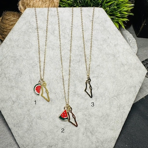 Edelstahl Minimalist Palästina Karte 18-Zoll-Halskette mit Wassermelonen-Charme Goldton | Peace |Wassermelonen Anhänger|