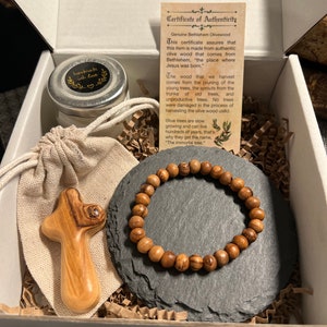 100% Natural Olive Wood from Jerusalem Set | Bracelet 6mm |Handmade Soy Candle|Cross| | Sign of Peace| | Healing and Health|