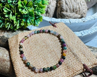 Pulsera/Tobillera elástica minimalista de cuentas delicadas de 4 mm con piedras preciosas 100 % naturales /Felicidad/Paz/