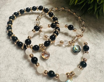 Pulsera de Cuarzo 100% Natural / Obsidiana Negra con Concha de Abulón Pulsera 6 mm / equilibrio emocional, intuición, armonía y protección /