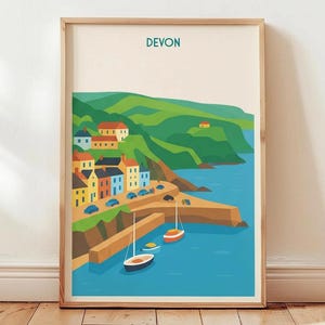 Devon Coastal Poster, Retro Seaside Harbour Print, Devon Travel Wall Art, British Coast Illustration, Colourful Fishing Village Decor