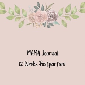 Peut inclure: Un motif floral rose et beige avec des feuilles vertes sur un fond rose clair. Le texte "MAMA Journal 12 Weeks Postpartum" est centré sur la page.