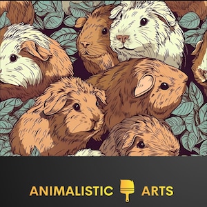 May include: A colourful illustration of a group of guinea pigs with brown, white and black fur. The guinea pigs are surrounded by green leaves.