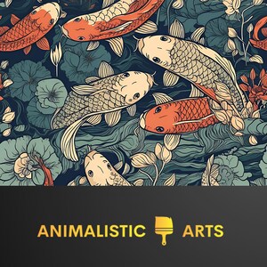 May include: A seamless pattern featuring colorful koi fish swimming among stylized floral designs. The fish are drawn in a detailed, almost cartoonish style, with vibrant orange, red, and white scales. The background is a dark blue with hints of green and beige.