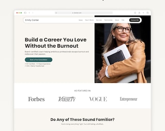 May include: A website template promoting career coaching services. The design features a woman holding a laptop, with text that reads "Build a Career You Love Without the Burnout." Logos for Forbes, Variety, Vogue, and Entrepreneur are also displayed.