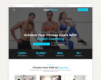May include: A website template for Apex Fitness, featuring a banner with three people and the text "Achieve Your Fitness Goals With Expert Coaching." The site includes statistics and program options.