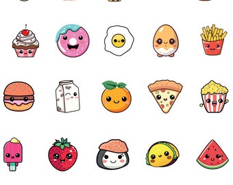 Puede incluir: Un conjunto de 25 ilustraciones de comida de dibujos animados que presentan varios alimentos como aguacate, tocino, té de burbujas, pan, galleta, cupcake, dona, huevo, papas fritas, hamburguesa, cartón de leche, naranja, pizza, palomitas de maíz, paleta de hielo, fresa, sushi, taco y sandía. Cada alimento tiene una cara linda y está dibujado en un estilo de dibujos animados colorido.