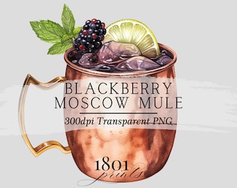 May include: A watercolour illustration of a copper Moscow Mule mug filled with a blackberry Moscow Mule cocktail. The drink is garnished with a lime wedge and fresh mint. The text "Blackberry Moscow Mule" and "300dpi Transparent PNG" is printed on the mug.