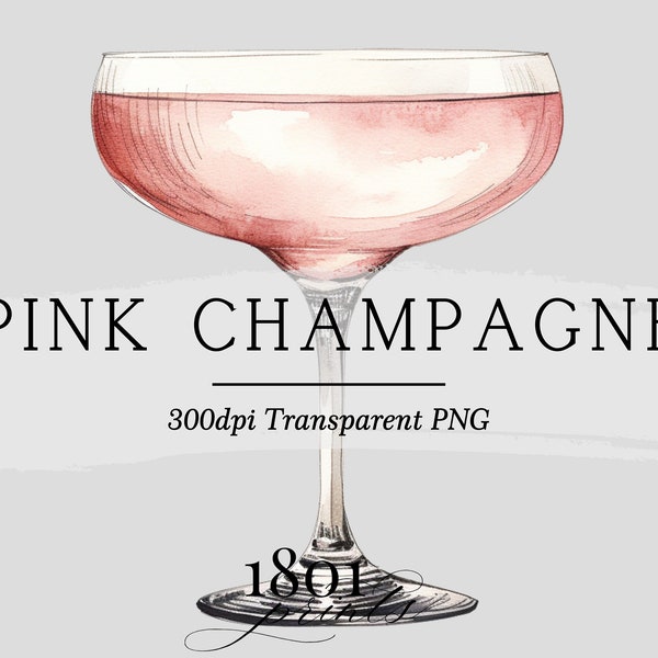 Pink Champagne Rose Cocktail Graphic Illustration || clipart digital download watercolor bar menu wedding drinks signature cocktail AC504