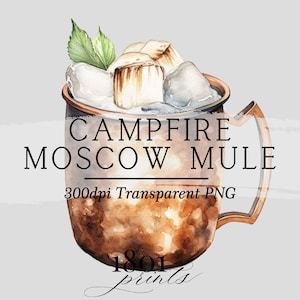 Lagerfeuer Moskau Mule Cocktail Illustration | geröstete Marshmallow Clipart Grafik Download Aquarell Barkarte Hochzeit Getränke AC535