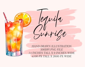 Tequila Sunrise Cocktail Graphic Illustration || clipart digital download watercolor bar menu wedding cocktail drinks clipart  AC0032