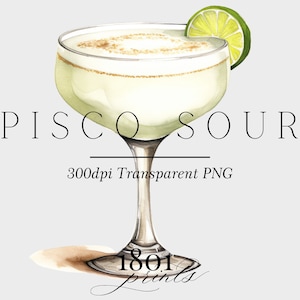 May include: A watercolour illustration of a Pisco Sour cocktail in a coupe glass with a lime wedge garnish. The text "Pisco Sour" is written in black below the glass. The text "300dpi Transparent PNG" is written in black below the text "Pisco Sour". The text "1801 prints" is written in black below the glass.