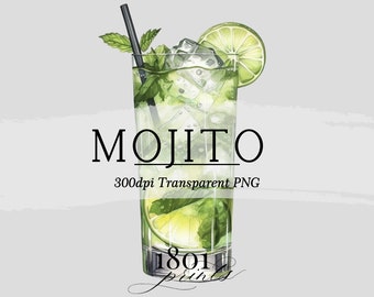 Może przedstawiać: Akwarelowa ilustracja koktajlu Mojito w wysokiej szklance. Napój zawiera kostki lodu, listki mięty i plasterek limonki. W szklance znajduje się czarna słomka. Słowo "MOJITO" jest napisane nad napojem, a pod nim "300dpi Transparent PNG".