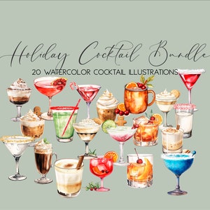 Christmas Holiday Cocktail Graphic Bundle Illustration || clipart digital download watercolor bar menu wedding drinks AC563