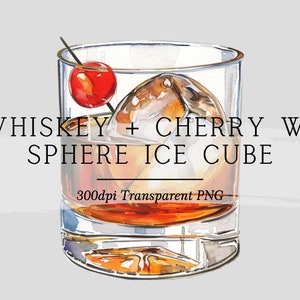 Whiksey con palla di ghiaccio di ciliegia e sfera, illustrazione di cocktail ad acquerello On The Rocks // drink di nozze con menu bar vecchio stile di Manhattan AC585