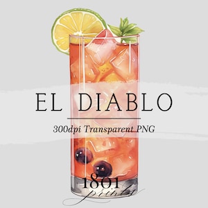 Ilustracja graficzna koktajlu El Diablo || clipart cyfrowy do pobrania akwarela bar menu wesele koktajl napoje clipart AC398