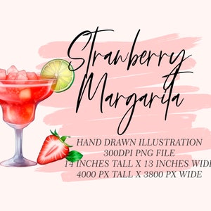 Strawberry Margarita Watercolor Illustration: Cocktail Clipart (Digital Download)