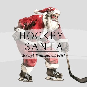 お祝いのクリスマスホッケーをするサンタのグラフィックイラスト || クリップアートデジタルダウンロード水彩スポーツ男の子AC611