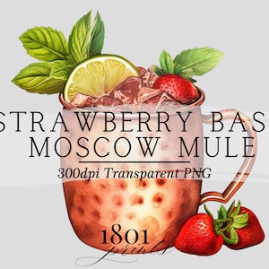Erdbeer Basilikum Cocktail Illustration || Clipart Grafik Download Aquarell Barkarte Hochzeitsgetränke AC532