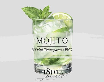 May include: A watercolour illustration of a mojito cocktail in a glass with a lime wedge and mint leaves. The text "MOJITO" and "300dpi Transparent PNG" is visible on the image.