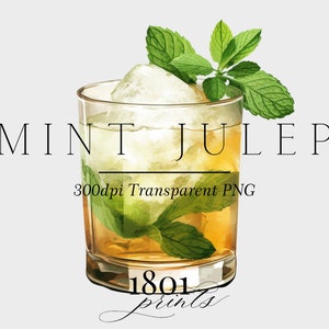 May include: A watercolor illustration of a mint julep cocktail in a glass with ice and mint leaves. The text "MINT JULEP" is written above the glass and "300dpi Transparent PNG" is written below the glass.