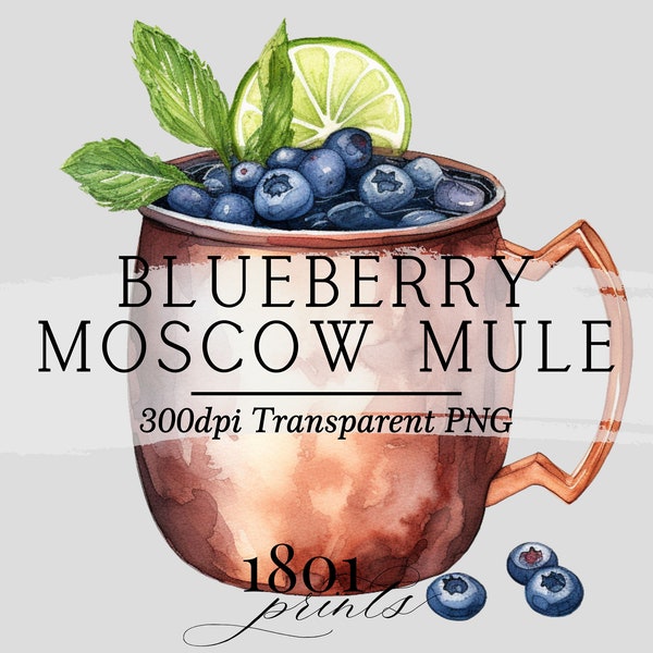 Blueberry Moscow Mule Cocktail Illustration || clipart graphic digital download watercolor bar menu wedding signature cocktail drinks AC526