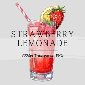 Illustration graphique de cocktail aquarelle enrichi de limonade aux fraises || clipart téléchargement numérique menu du bar mariage cocktails boissons AC588