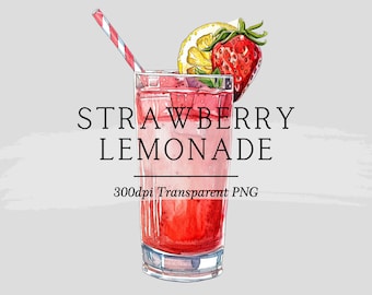 Illustration cocktail aquarelle fraise limonade : clipart menu bar (téléchargement numérique)