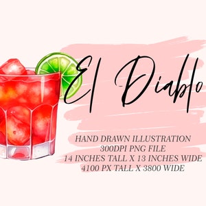 Ilustracja graficzna koktajlu El Diablo || clipart cyfrowy do pobrania akwarela bar menu wesele koktajl napoje clipart AC0031