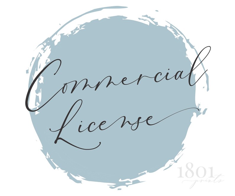 May include: A light blue circular design with the words "Commercial License" in elegant script. The text is in black and is centered on the light blue circle. The background is white.