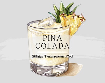 Watercolor Pina Colada Illustration: Cocktail Clipart (Digital Download)