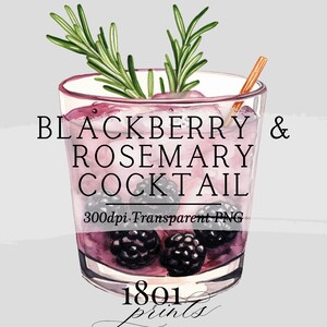 Rosmarin Brombeer Cocktail Illustration || Clipart-Grafik digitaler Download Aquarell Barkarte Hochzeitskarte Cocktail AC498