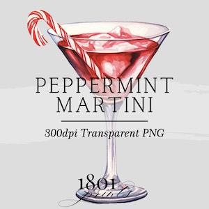 Könnte beinhalten: Eine Aquarell-Illustration eines Pfefferminz-Martini-Cocktails mit einer Zuckerstangen-Garnitur. Der Text "Peppermint Martini" und "300dpi Transparent PNG" befindet sich unter dem Bild. Der Text "1801 prints" befindet sich unten im Bild.
