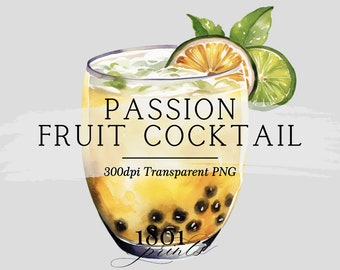 Watercolor Passion Fruit Cocktail Clipart: Bar Menu Illustration (Digital Download)