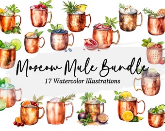 Moscow Mule aquarel clipartbundel: cocktailillustraties (digitale download)