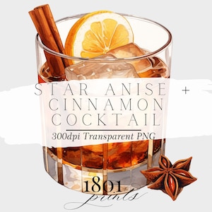 Herbst Cocktail Zimt, Sternanis, Bourbon Grafische Illustration || Clipart digitaler Download Aquarell Barkarte Hochzeitsgetränke AC321