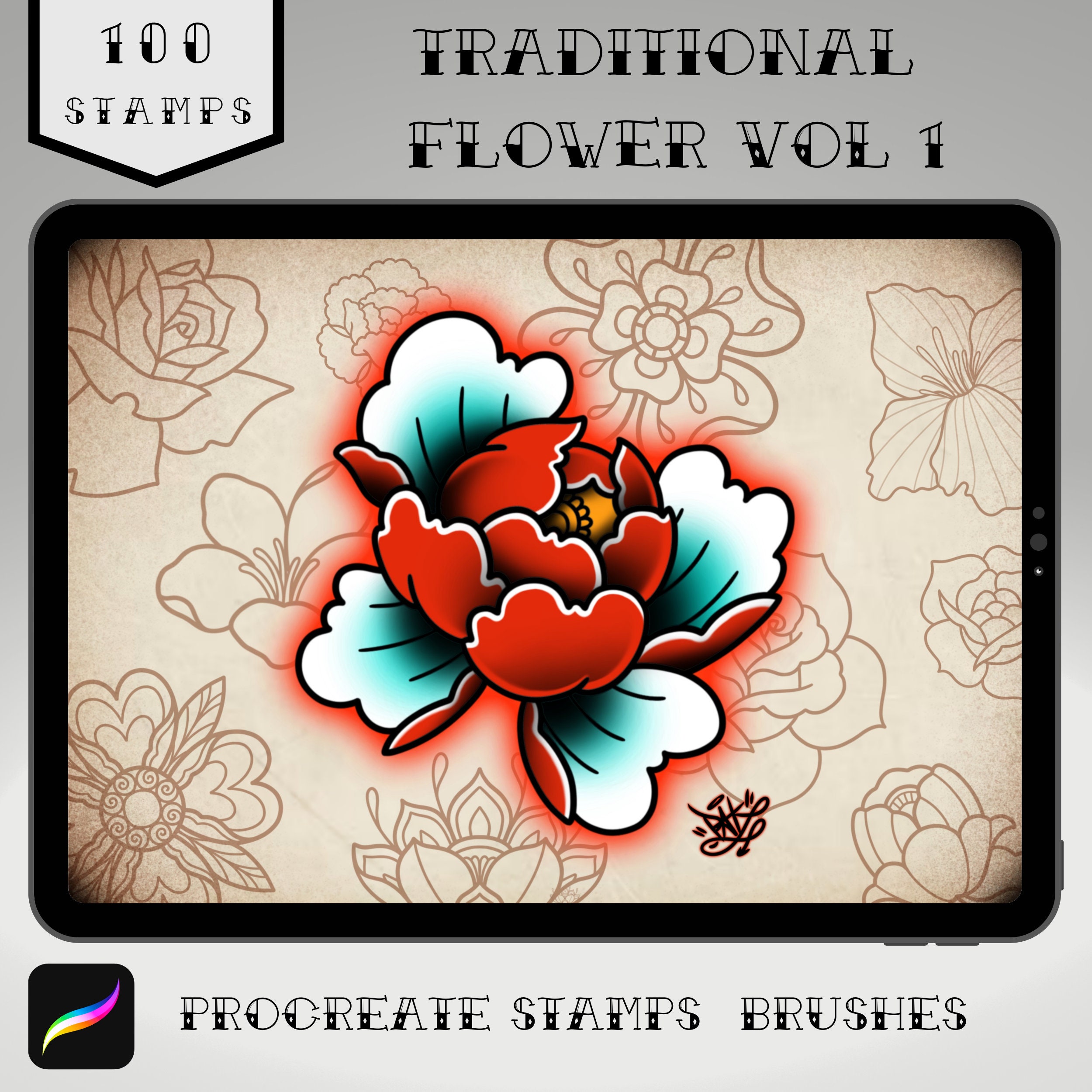 100 Procreate Traditional Flower Botanical Stamps â Floral Brush Set for iPad & Tattoo Design
