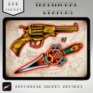 200 Procreate Traditional Weapons Tattoo Stamps | For Ipad & Procreate App