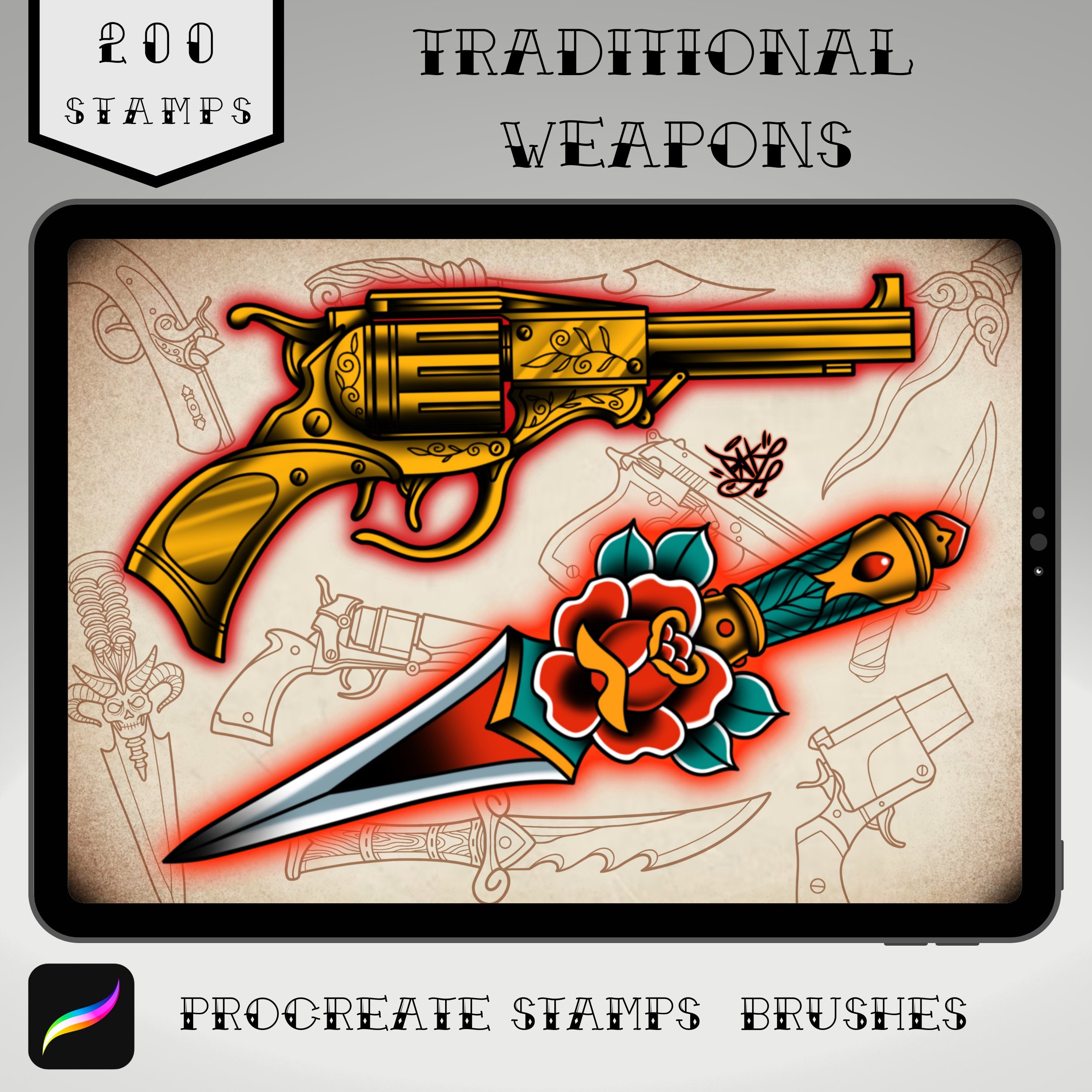 200 Procreate Traditional Weapons Tattoo Stamps for iPad | Daggers, Pistols & More