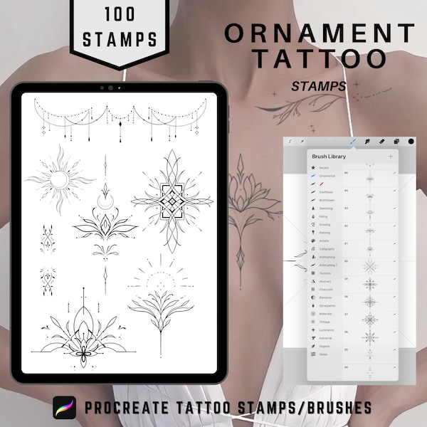 100 Procreate Ornament Tattoo Stamps Brushes - Ornate Brushes - Celestial Boho