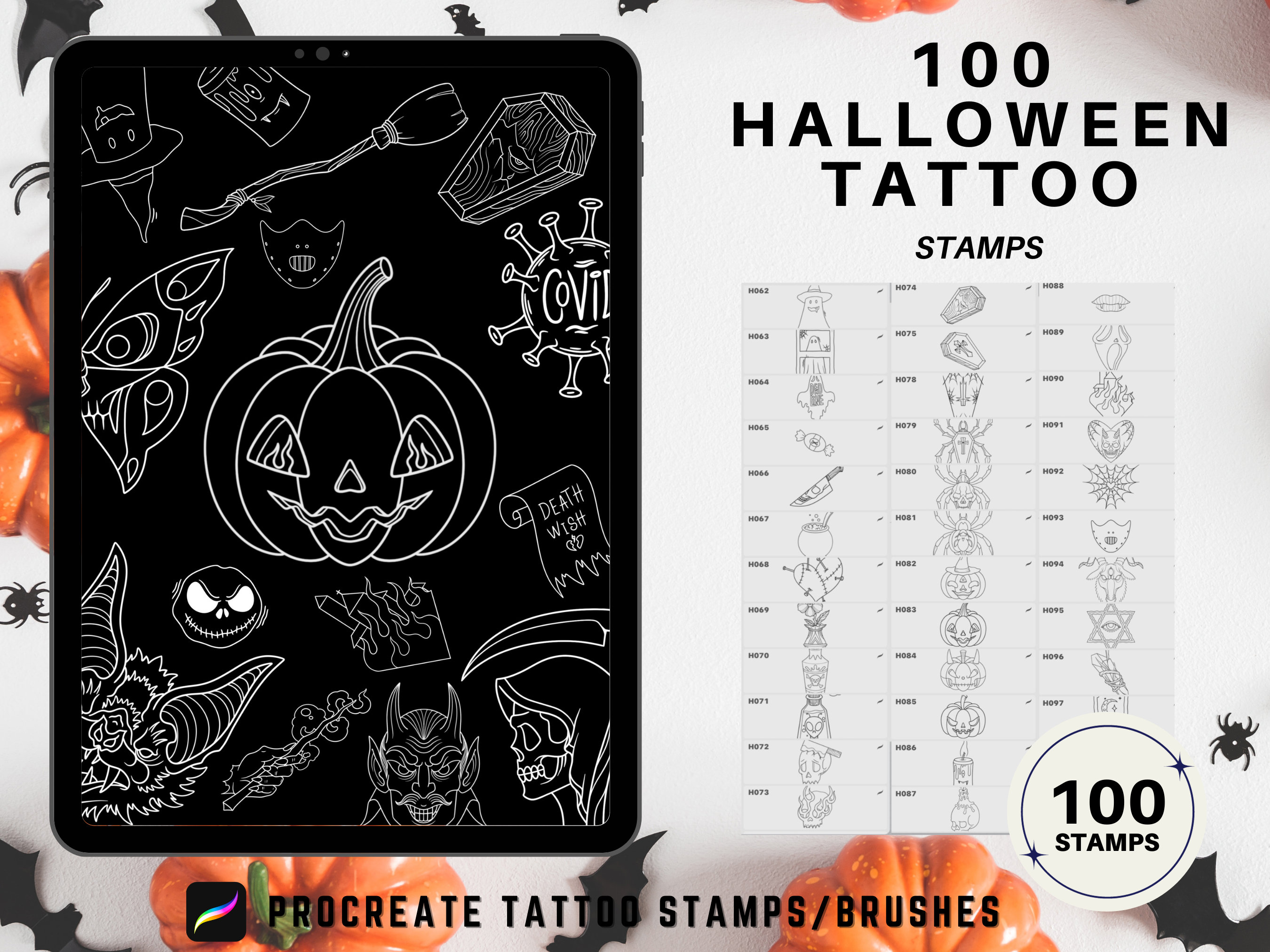 100 sellos de Procreate Halloween Horror Tattoo – Pinceles de tatuaje escalofriantes para iPad