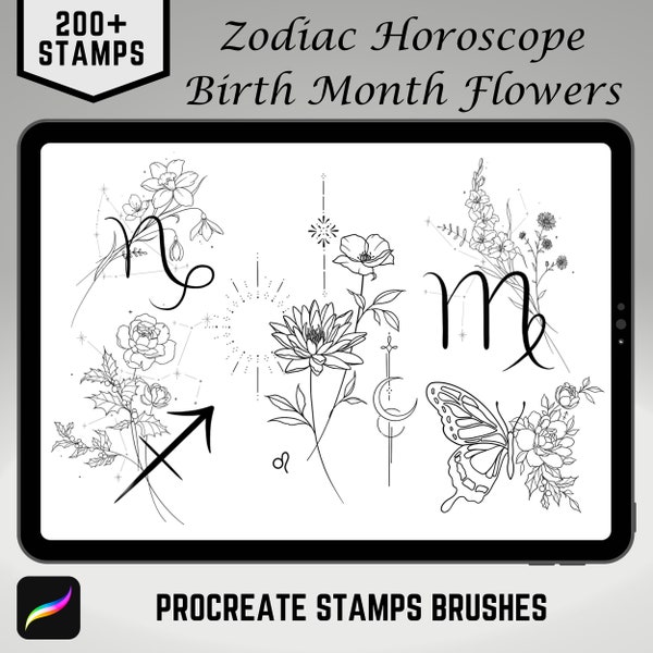 Más de 200 sellos de tatuaje de horóscopo del zodíaco de flores del mes de nacimiento de Procreate / diseño de tatuaje de pinceles de Procreate