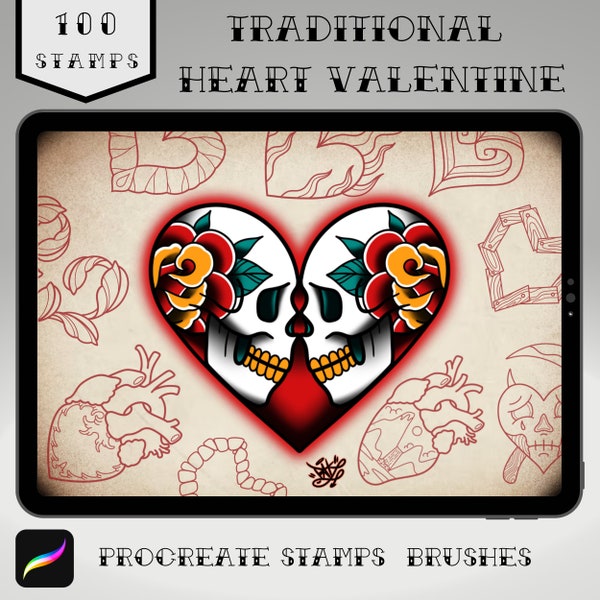 100 Procreate Traditional Heart Valentine Tattoo Stamps | Procreate Brushes | Tattoo Design | For iPad | Mini Flash | Traditional Tattoo